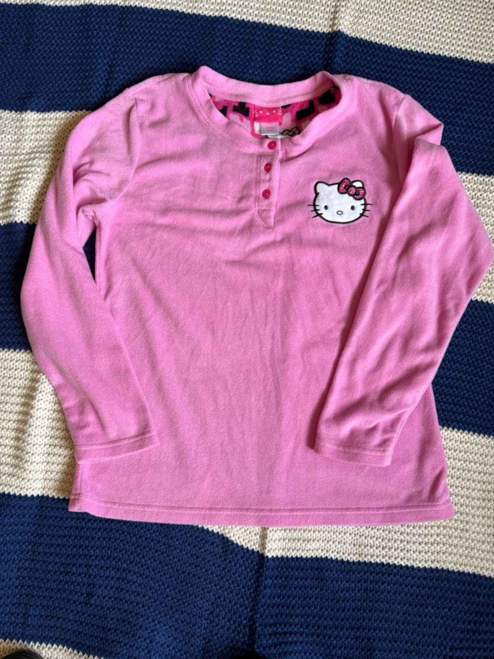 Hello Kitty Pink Long Sleeve Henley Top with Embroidered Face